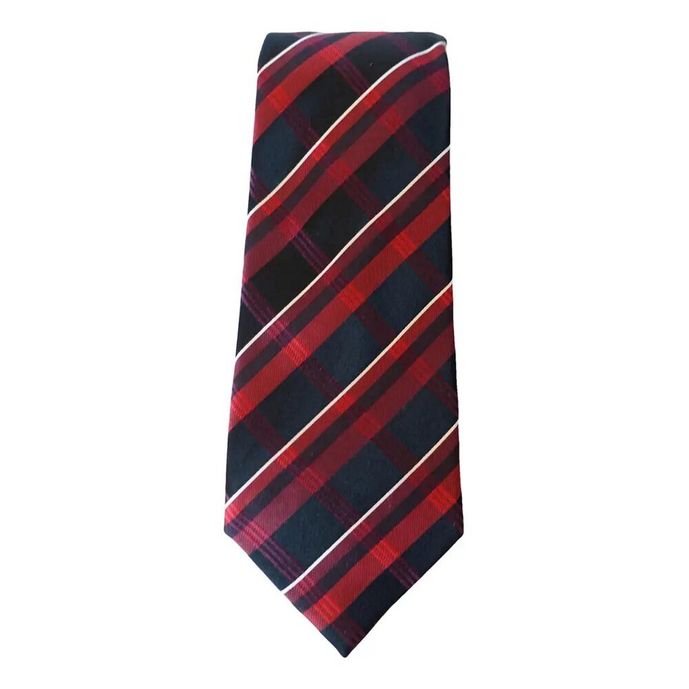 SEAN JOHN Red Black Medium Grid Check Silk Classic Tie